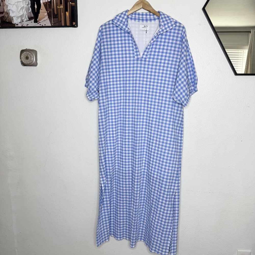 Adrienne Blakely Blue White Gingham Sleeveless Dress Collared Women's Large